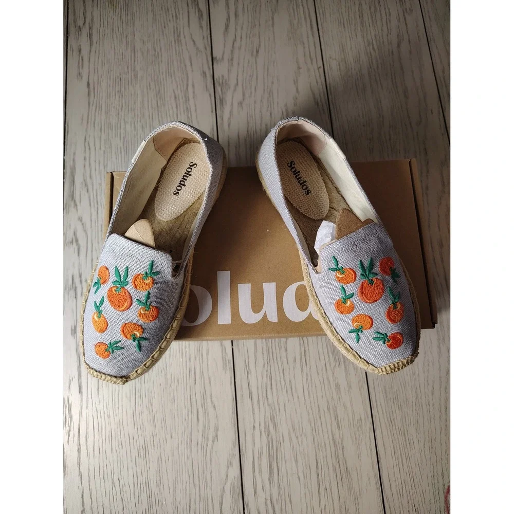 Soludos Clementine Platform Espadrille Chambray Blue Orange Fruit Shoes Womens 5